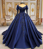 Elegant Navy Blue O Neck Sequined Appliques Long Sleeves Quinceanera Evening Dress Ball Gown Floor Length Princess Prom Dress