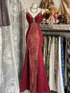 V Neck Lace Burgundy Long Prom Dress Mermaid Evening Party Gown
