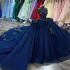 Navy Blue Sparkly Princess Quinceanera Dresses Applique Peplum Corset vestido de 15 quinceañeras Sweet 16 Ball Gown