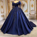 Elegant Navy Blue O Neck Sequined Appliques Long Sleeves Quinceanera Evening Dress Ball Gown Floor Length Princess Prom Dress