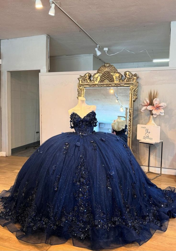 Mexico Navy Quinceanera Dress Ball Gown Floral Appliques Beaded Crystal Corset Sweet 16 Vestido De 15 Anos