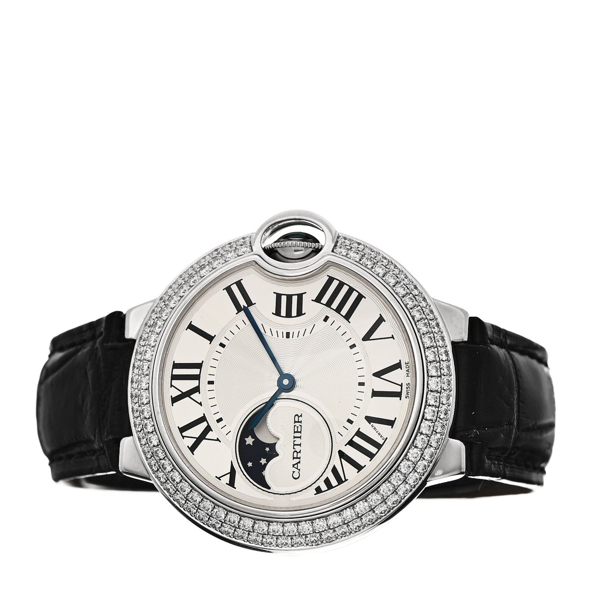 18K White Gold Diamond Pave Bezel 37mm Ballon Bleu De Cartier Moonphase Automatic Watch