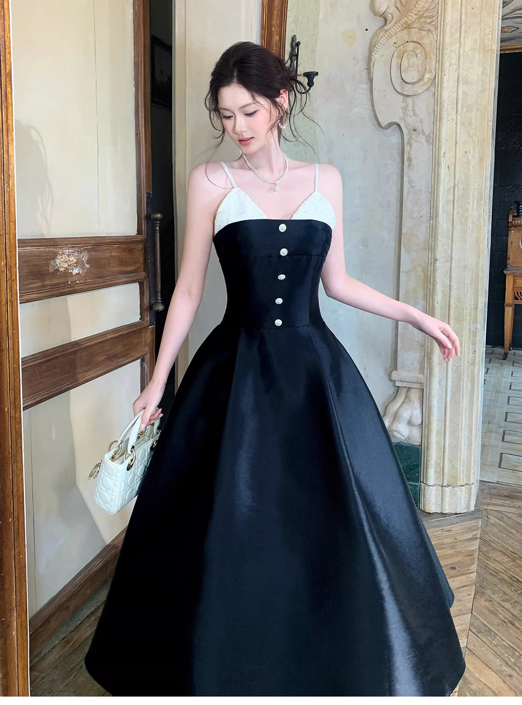 Pretty Spaghetti Straps V Neck Satin A Line Long Evening Dress Black Birthday Dress SP1655