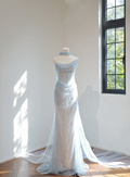 Light blue strapless fitted long ball gown R8462
