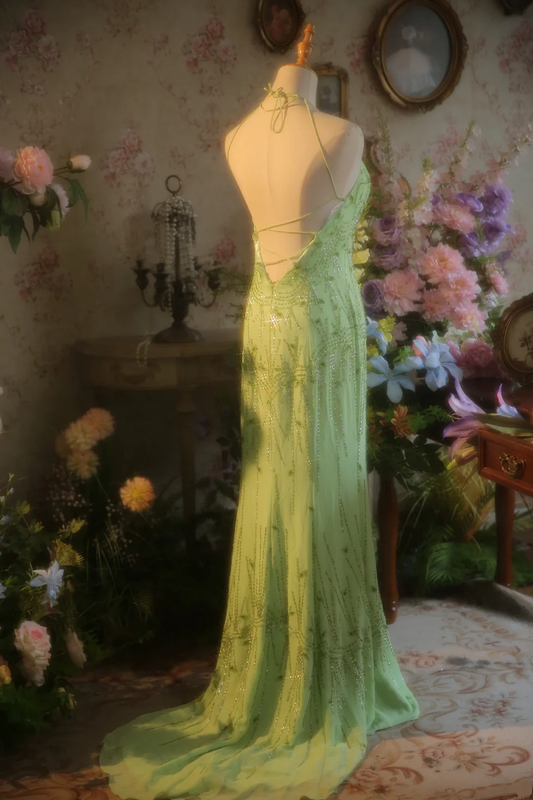 Light green halter neck strap fitted waist long ball gown/bridal dress R7269