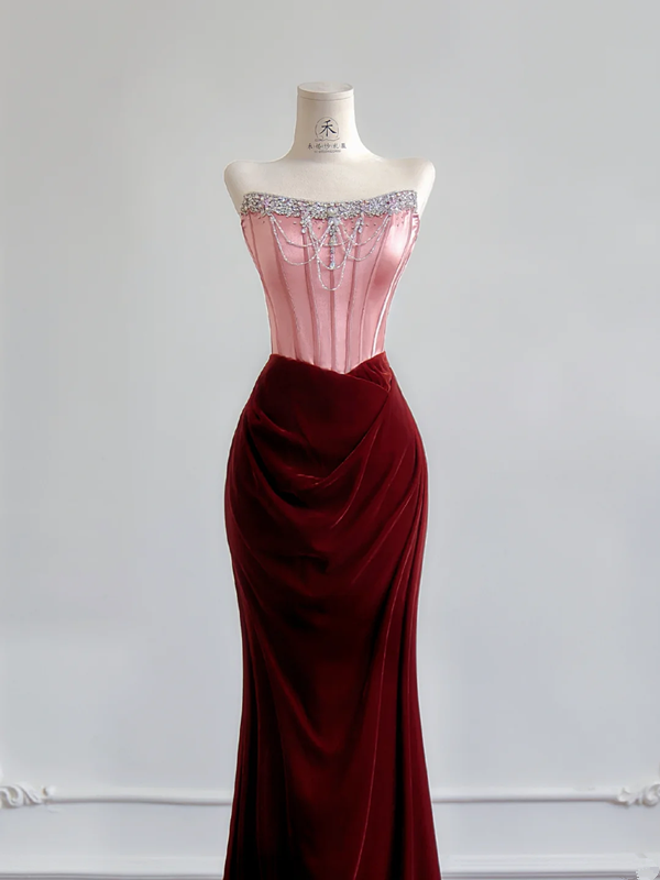 Pink strapless dress with deep red bodycon design, sexy long ball gown R8171