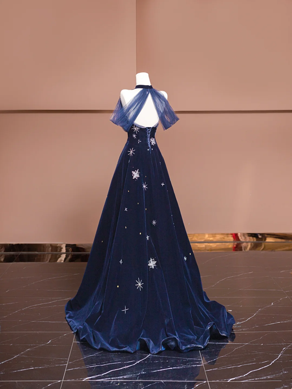Dark blue strapless, fitted A-line long ball gown R8378