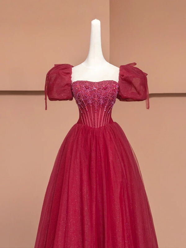 Red puff sleeves, delicate neckline, fitted waist, long ball gown, bridal dress R8492