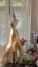 Light brown halter-neck fitted long ball gown with an asymmetrical hem R7763