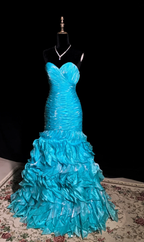 Lake blue strapless fitted waist pleated long ball gown R8680