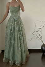 Pretty Green Spaghetti Straps Tulle Sequin Beaded A Line Long Wedding Guest Dress Formal Party Dress Prom Gown  SP1548