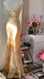 Champagne gold strapless fitted long ball gown R7692