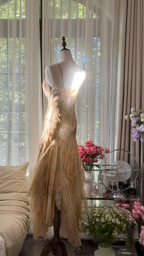 Light brown halter-neck fitted long ball gown with an asymmetrical hem R7763