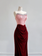 Pink strapless dress with deep red bodycon design, sexy long ball gown R8171