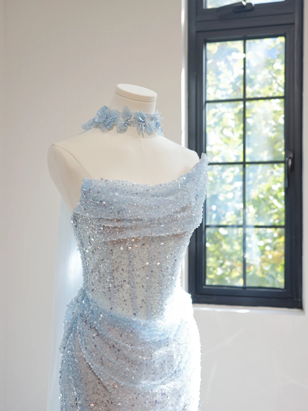 Light blue strapless fitted long ball gown R8462