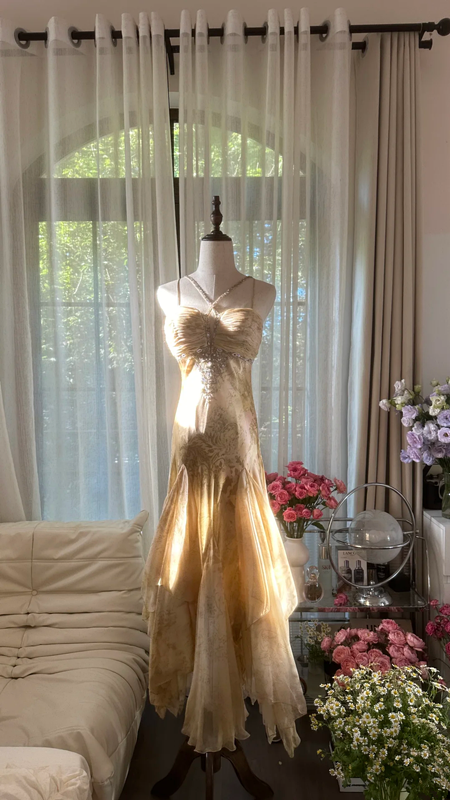 Light brown halter-neck fitted long ball gown with an asymmetrical hem R7763