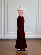 Pink strapless dress with deep red bodycon design, sexy long ball gown R8171