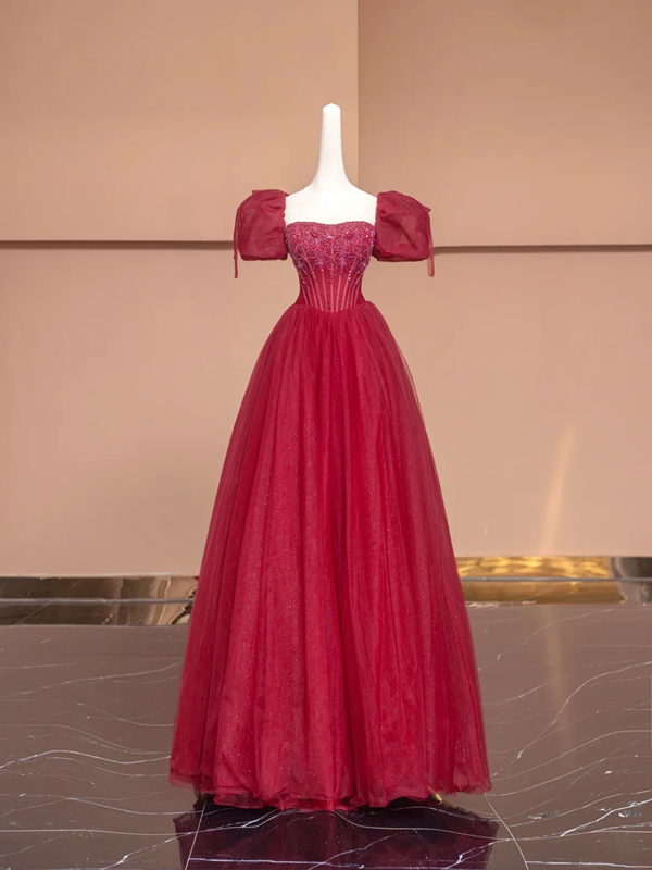 Red puff sleeves, delicate neckline, fitted waist, long ball gown, bridal dress R8492