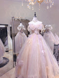 Dreamy Light Pink Off-shoulder Tulle Floor-Length Ball Gown Evening Dress cc5304