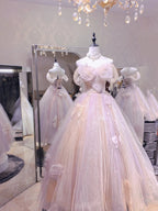 Dreamy Light Pink Off-shoulder Tulle Floor-Length Ball Gown Evening Dress cc5304