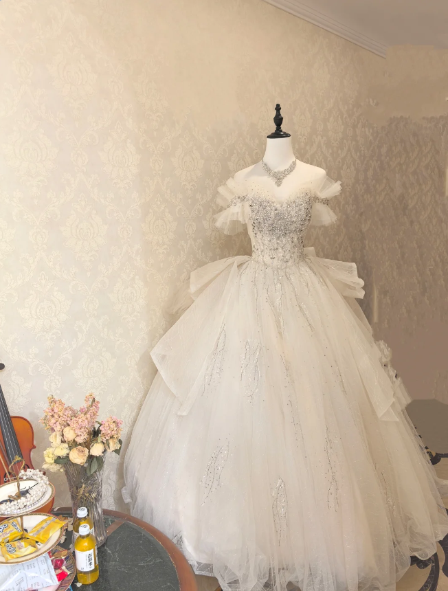 Princess White Off-the-shoulder Tulle Floor-Length Ball Gown Evening Dress cc5305
