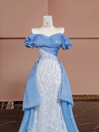 Light blue off-the-shoulder fitted long ball gown R8379