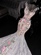 Pink floral sleeveless fitted bodice fishtail long ball gown/bridal dress R8715