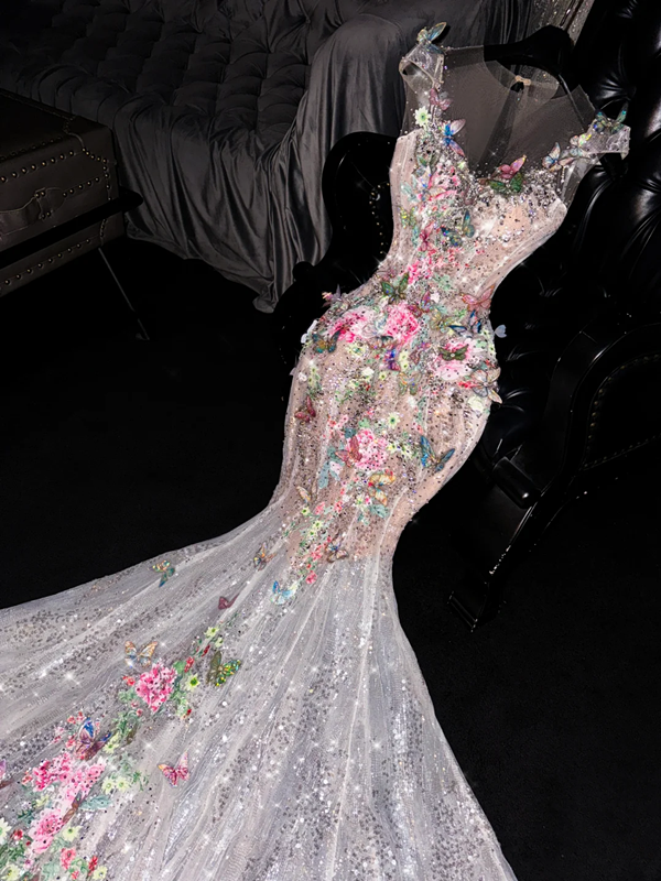 Pink floral sleeveless fitted bodice fishtail long ball gown/bridal dress R8715