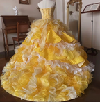 Yellow strapless, fitted waist, tulle skirt ball gown, wedding dress R7250