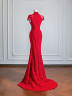 Red Chinese-style neckline, fitted waist, slimming and sexy long ball gown R8151