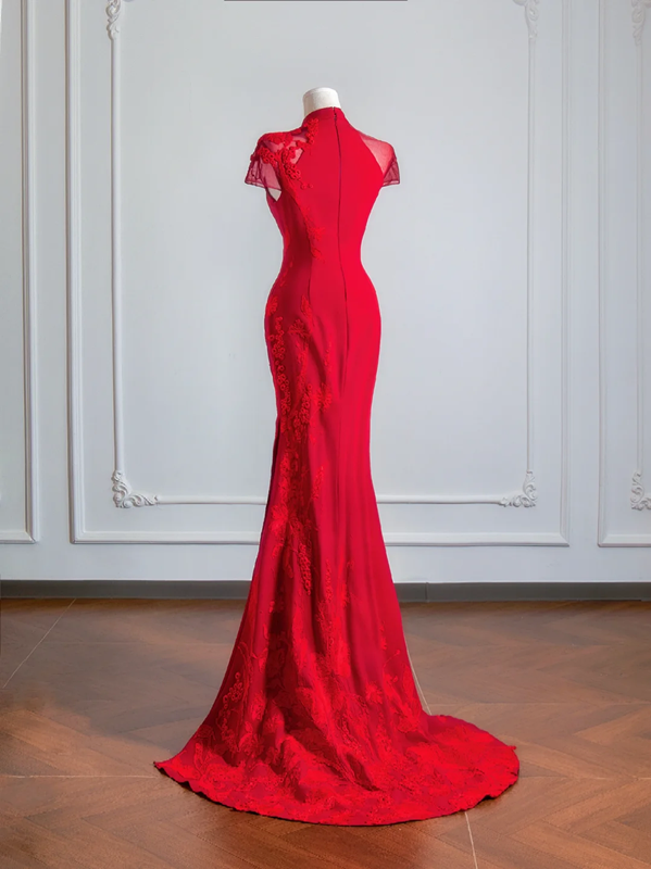 Red Chinese-style neckline, fitted waist, slimming and sexy long ball gown R8151