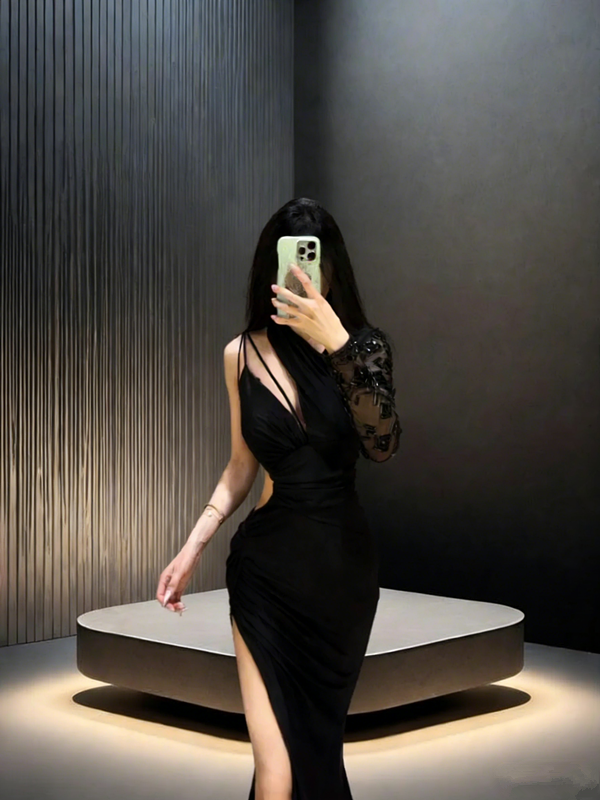 Black irregular neckline, fitted waist, and sexy slit ball gown R8043
