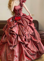 Red One-shoulder Waist-Cinched Puff-Skirt Ball Gown & Bridal Gown R7379