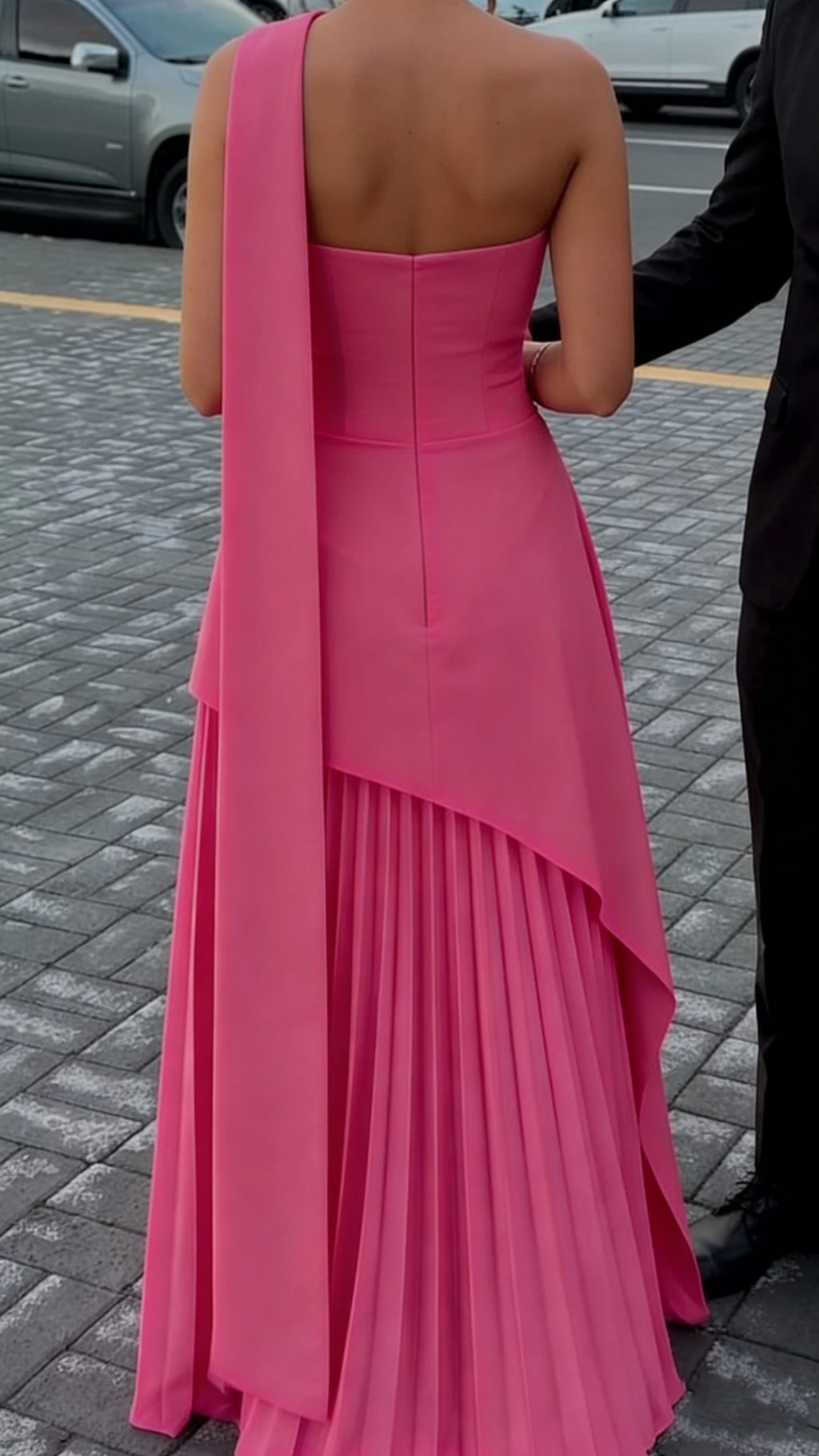 Trendy Pink Strapless Satin Pleated Long Party Dress Prom Gown With Scarf