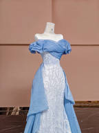 Light blue off-the-shoulder fitted long ball gown R8379