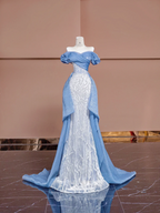 Light blue off-the-shoulder fitted long ball gown R8379