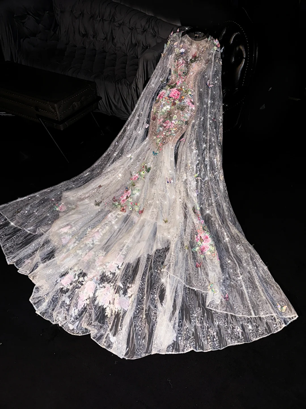 Pink floral sleeveless fitted bodice fishtail long ball gown/bridal dress R8715