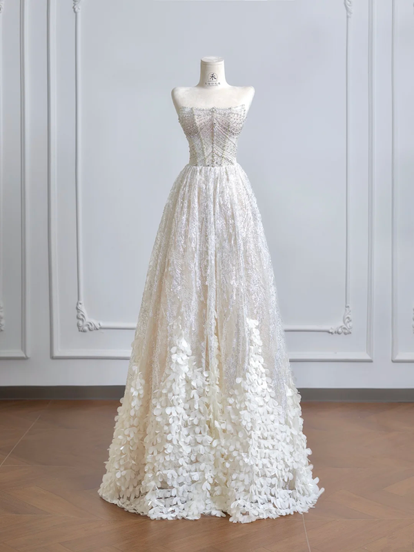 White strapless, fitted waist, heavily embellished, sexy long ball gown R8203
