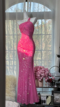 Rose pink one-shoulder halter waist slim fit hip-hugging sexy long ball gown R7693