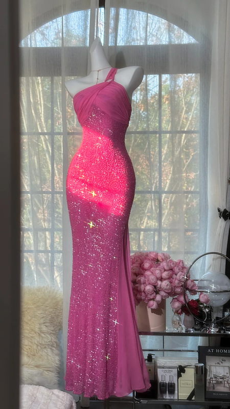 Rose pink one-shoulder halter waist slim fit hip-hugging sexy long ball gown R7693