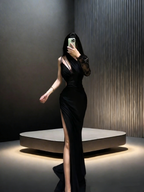 Black irregular neckline, fitted waist, and sexy slit ball gown R8043