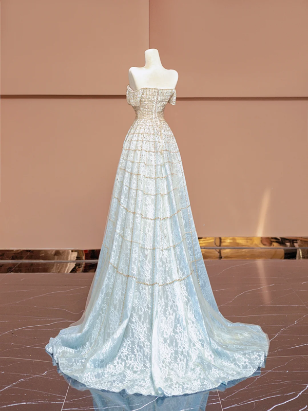 Light blue gradient strapless fitted long ball gown R8404