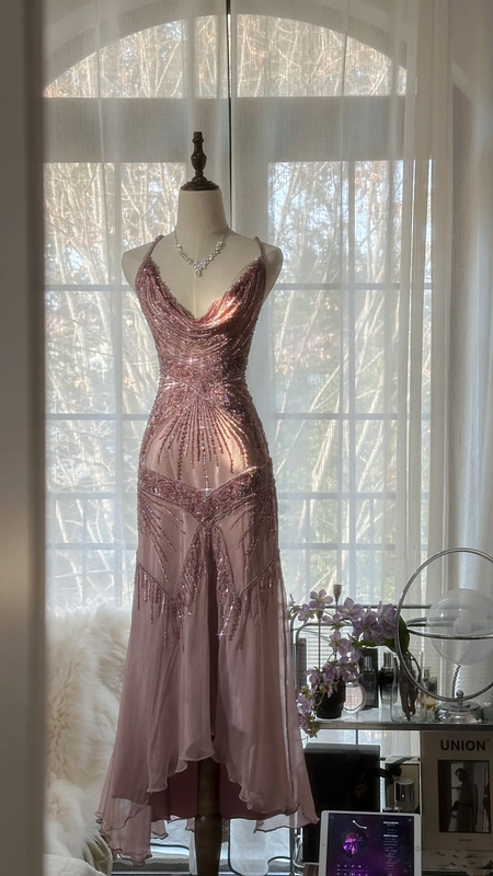 Light purple-red halter-neck fitted waist slim-fitting rhinestone sexy long ball gown R7694