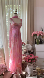Light pink tie-dye halter-neck fitted backless sexy long ball gown R7765