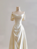 Light apricot off-the-shoulder, fitted waist, A-line skirt, long ball gown R8173