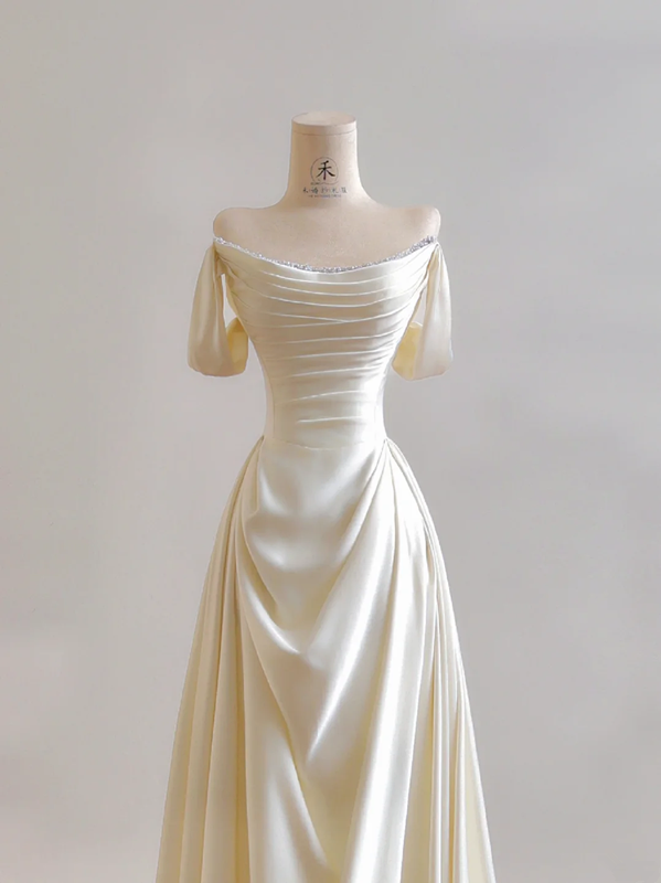 Light apricot off-the-shoulder, fitted waist, A-line skirt, long ball gown R8173