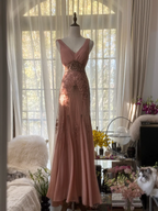 Nude pink V-neck fitted waist bodycon sexy long ball gown R7734