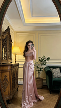 Champagne pink halter-neck fitted long ball gown, bridal dress R8591