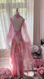 Light pink tie-dye halter-neck fitted backless sexy long ball gown R7765
