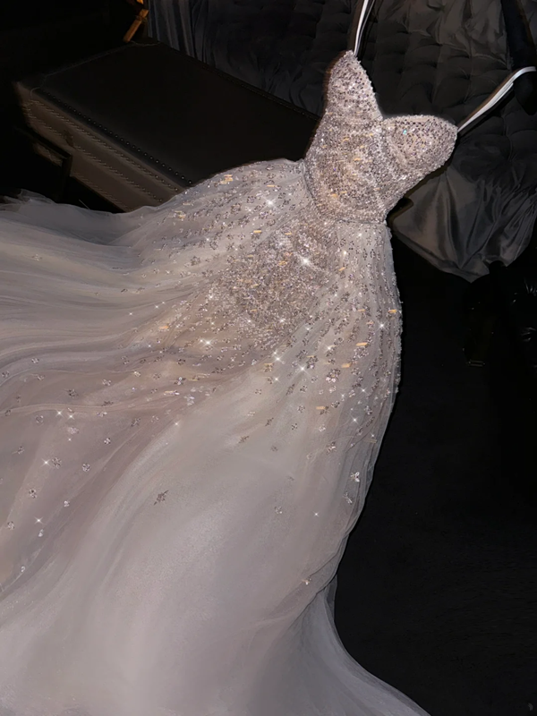 Light pink halter-neck fitted long ball gown, bridal dress R8775